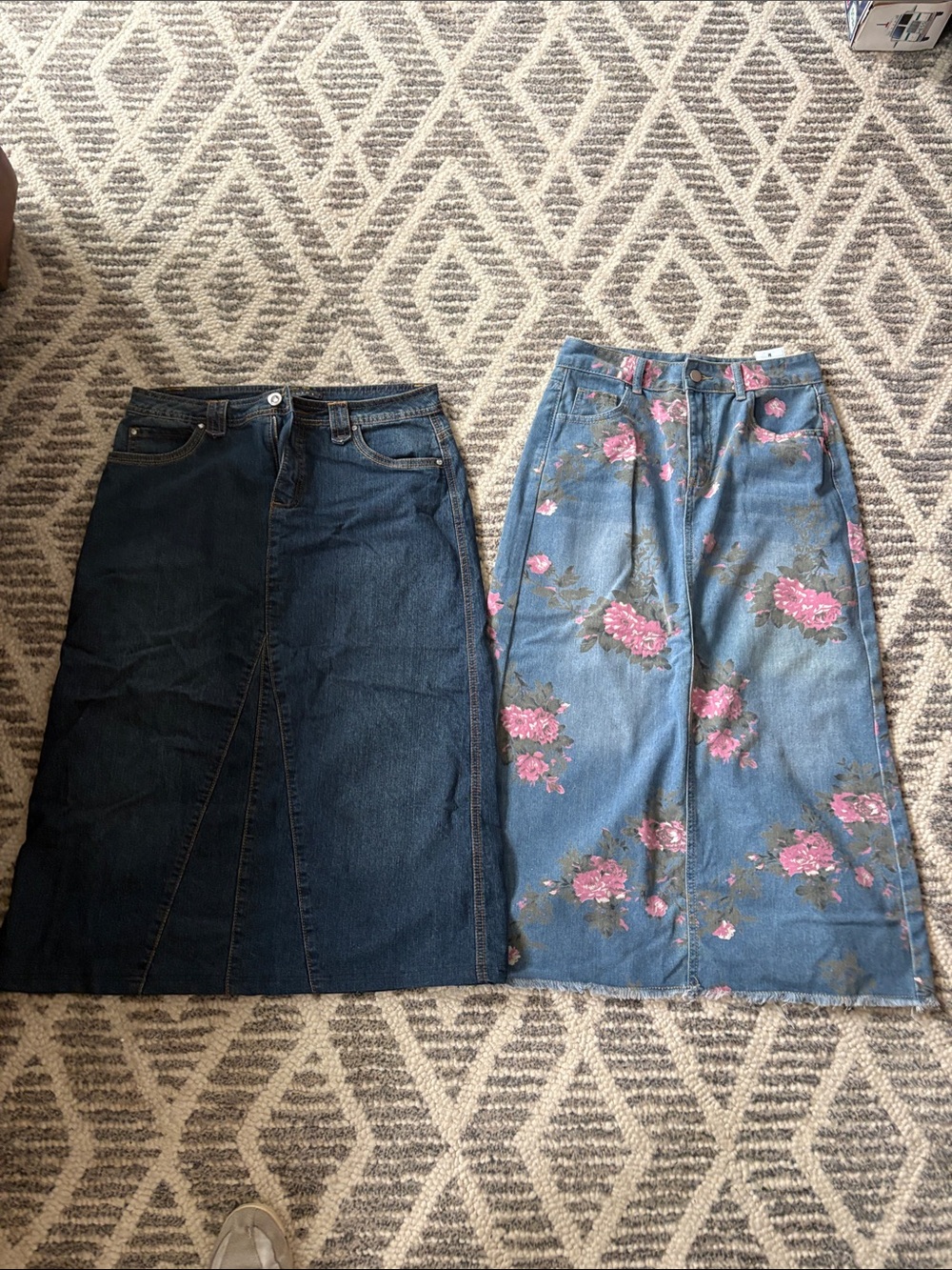 Baccini Blue Denim Midi Skirt and second denim skirt w Pink Floral Print-NFS